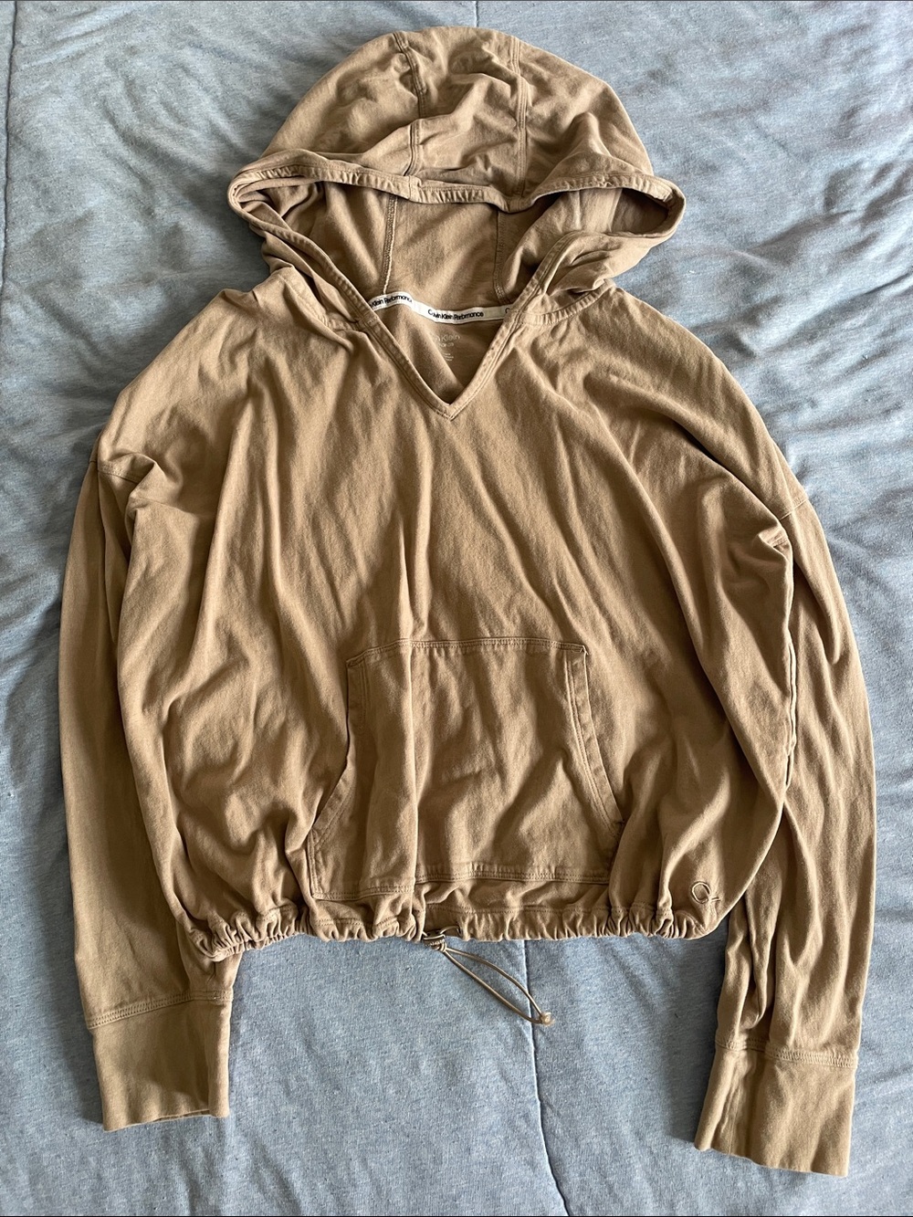 Calvin Klein Performance V-Neck Hooded Pullover in Camel
